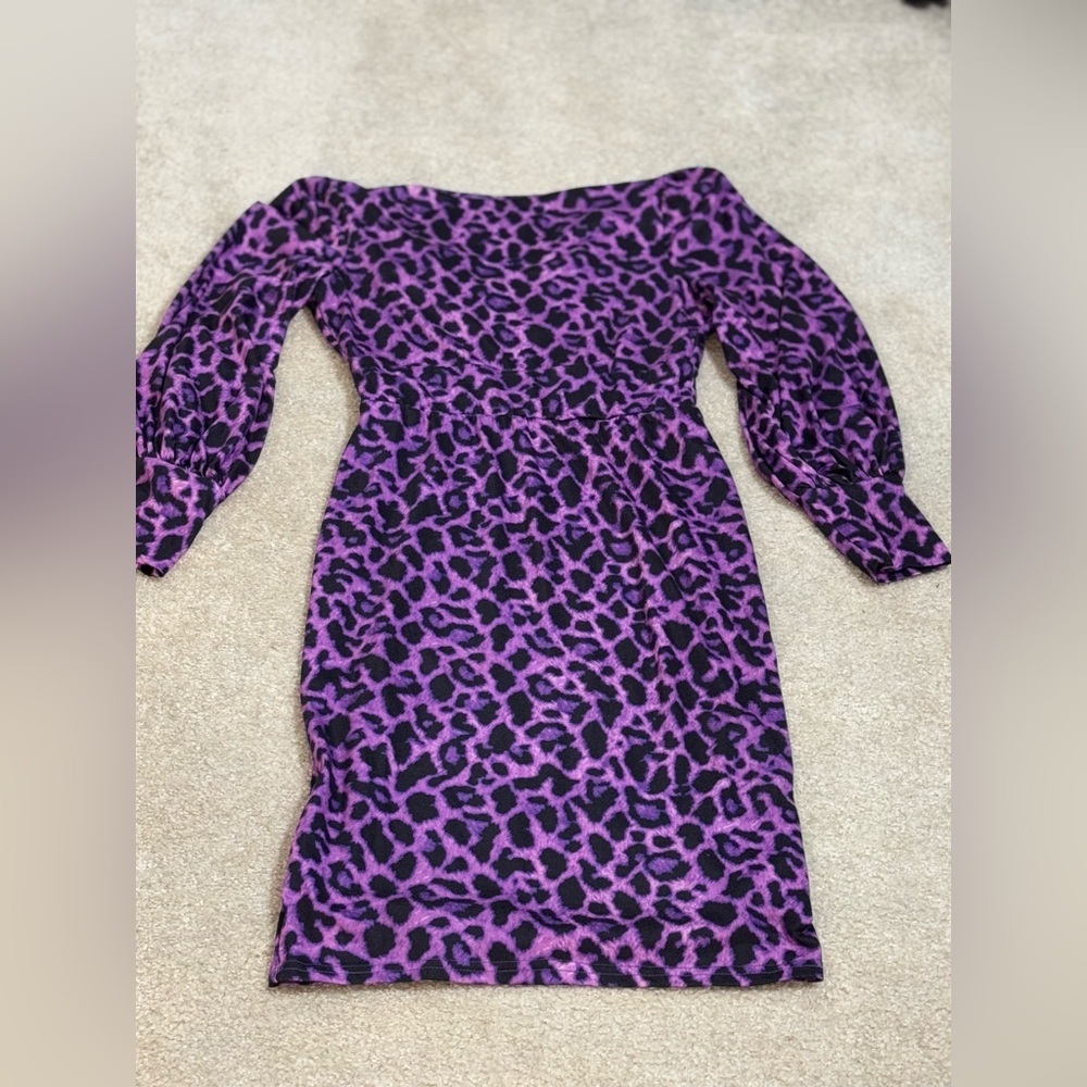 Purple Leopard Print Ruched Bodycon Dress | Long Sleeve Party Dress M - Picture 8 of 8